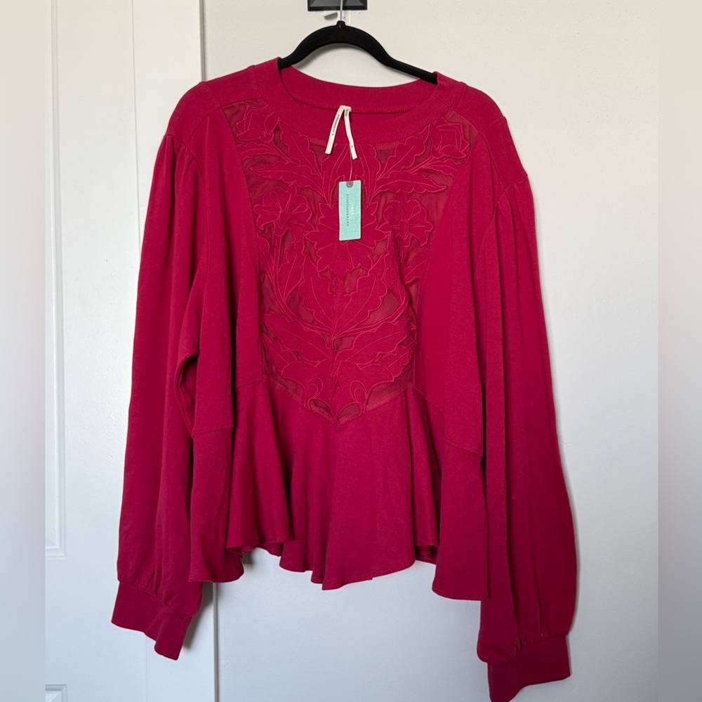 Anthropologie Red Sweatshirt with Sheer Detail